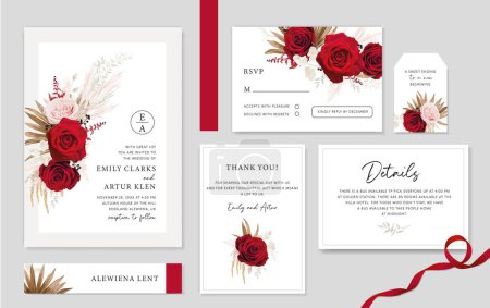 Illustration for Bohemian, elegant wedding cards set. Red, pink roses, dry palm, pampas grass, white leaves branch bouquet decoration. Editable, watercolor style vector illustration, white background. Winter party set. Celebration, bridal ceremony cards - Royalty Free Image