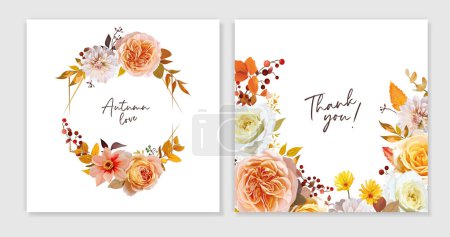 Illustration for Fall flowers bouquet cards set. Watercolor vector floral illustration. Wedding invite, Thanksgiving, thank you template design. Peach, yellow, orange rose, dahlia, red berries, eucalyptus leaves frame. Beautiful concept, copy space - Royalty Free Image