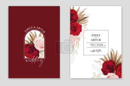 Illustration for Bohemian red color wedding invite, save the date card greeting. Rose, dry palm branch, beige pampas grass, white leaves bouquet decoration. Winter editable watercolor vintage style vector illustration. Party poster, fashion print - Royalty Free Image