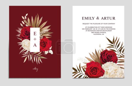 Illustration for Boho red wedding invite, save the date card template set. Rose flowers, dry Hydrangea, palm branch, pampas grass, white leaves bouquet frame border. Chic winter editable watercolor vector illustration. Chraistmas party template - Royalty Free Image