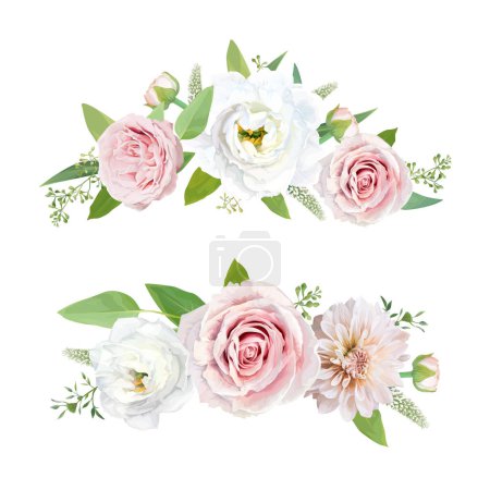 Illustration for Delicate spring flowers bouquet. Floral wreath vector watercolor illustration. Blush pink rose, white lisanthus, dahlia, delicate greenery leaves, eucalyptus branches, seeds. Editable art chic element set. Bunch of flowers isolated white backgorund - Royalty Free Image
