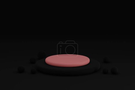 Foto de Este renderizado 3D de temática minimalista presenta una colección de formas geométricas de colores vibrantes colocadas sobre un fondo negro elegante.. - Imagen libre de derechos