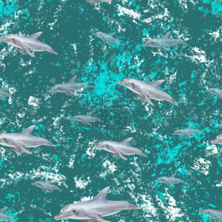 Téléchargez les photos : Dauphins volants motif sans couture. Eau verte turquoise. Les dauphins dans la mer fond abstrait. - en image libre de droit