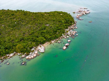 Foto de Playa vista aérea con bosque y piedras en Governador Celso Ramos, Santa Catarina, Brasil - Imagen libre de derechos