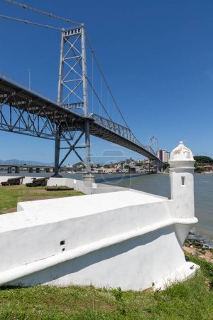 Photo for Hercilio Luz bridge and Santana do Estrito Fort, Florianopolis, Santa Catarina, Brazil - Royalty Free Image
