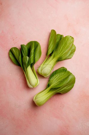 Photo for Celery cabbage or peach choi, asian baby salad leaves on pink background, top view - Royalty Free Image