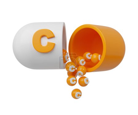 Orangenpille oder Kapsel gefüllt mit Vitamin C. Granulat wird aus der offenen Tablette ausgeschüttet. 3D-Darstellung.