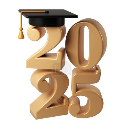 Klasse 2025 3D-Symbol. Gratulation Absolventen Design-Vorlage mit schwarzer Kappe und Zahlen. Graduierung in Gold Typografie Illustration für Zeremonie, Party, Grußkarte, Einladung.