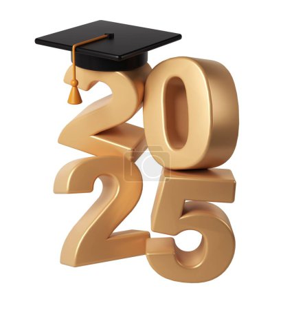 Klasse 2025 3D-Symbol. Gratulation Absolventen Design-Vorlage mit schwarzer Kappe und Zahlen. Graduierung in Gold Typografie Illustration für Zeremonie, Party, Grußkarte, Einladung.