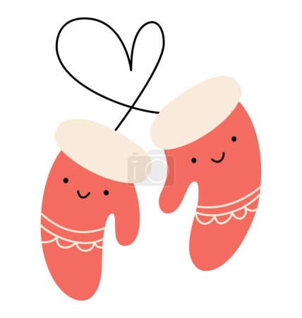 Illustration for Vector illustration couple of warm knitted happy smilling red mittens design. Pair of cute patterned elements for winter design. Comfort and warm concept. Doodle minimalism style. - Royalty Free Image