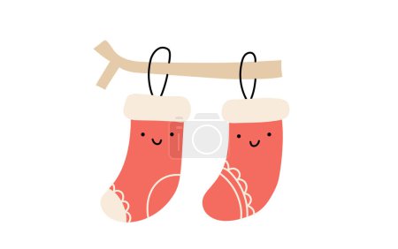 Illustration for Vector christmas illustration couple of warm knitted happy smilling red socks. Pair of cute patterned elements for winter design. Comfort and warm concept. Doodle minimalism style. - Royalty Free Image
