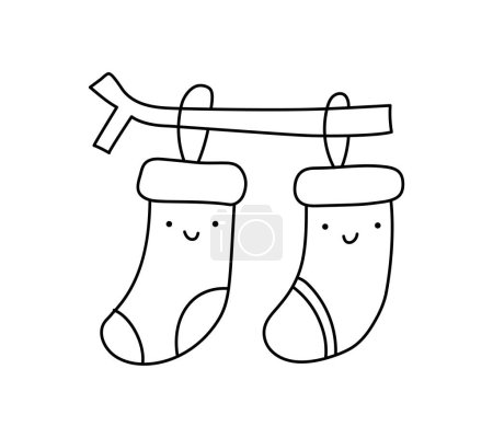 Illustration for Vector Christmas illustration couple of warm knitted happy smilling line socks. Pair of cute patterned elements for winter design. Comfort and warm concept. Doodle minimalism style. - Royalty Free Image