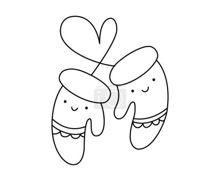 Illustration for Vector line illustration couple of warm knitted happy smilling mittens love design. Pair of cute patterned elements for winter design. Comfort and warm concept. Doodle style. - Royalty Free Image