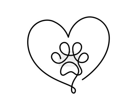 Ilustración de Huella de pata de perro o gato y corazón en continuo logotipo de dibujo de una línea. Arte de línea mínima. Animal de corazón. Mascotas amor concepto monolina. - Imagen libre de derechos