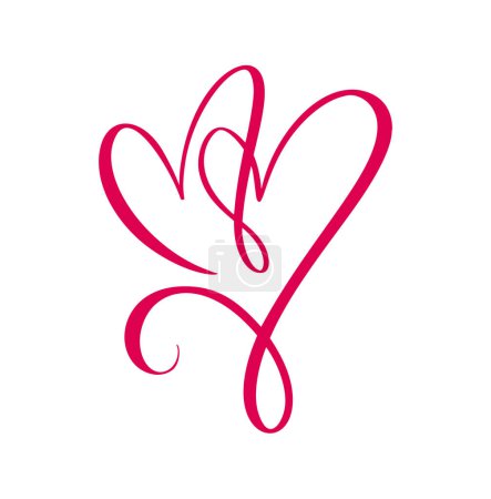 Roter Vektor Liebe zwei Herzen Logo Zeichen. Romantische Illustrationssymbolpaare, Leidenschaft und Hochzeit. Kalligraphie Design-Element des Valentinstages. Vorlage Grußkarte, Einladung.