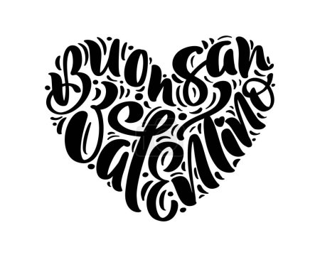 Téléchargez les illustrations : Happy Valentines Day on Italian Buonsan Valentino. Black vector calligraphy lettering text in form of heart. Holiday love quote design for valentine greeting card, phrase poster. - en licence libre de droit