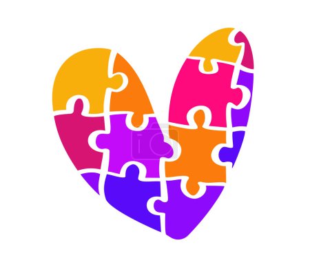 Illustration for Autism Awareness Month. to be different. Multicolored puzzle in the form of heart of brush strokes. Healthcare concept. Vector illustration on white background. - Royalty Free Image