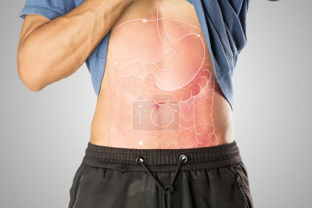 Téléchargez les photos : Illustration of internal organs is on the man body. Man with visceral inflammation - en image libre de droit