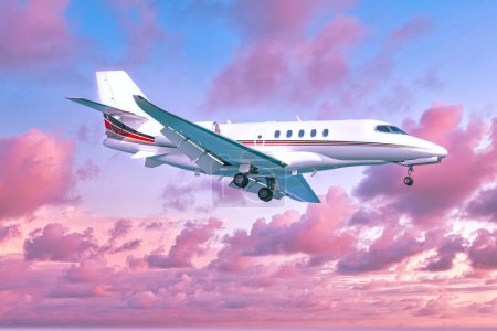 Private flying jet . Awesome sky with aircraft . Luxury lifestyle travel  