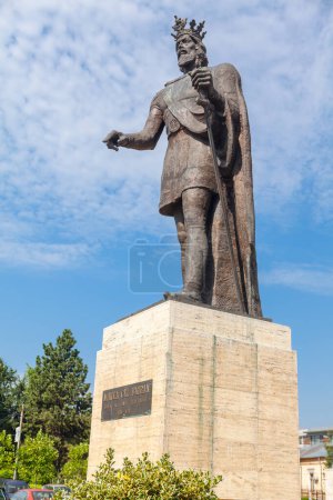 Photo for Monument of Mircea cel Batran in Pitesti Romania . Sculpture of  Voivode of Wallachia - Royalty Free Image