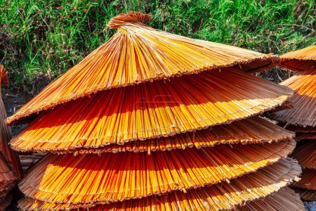 Sonnenschirm aus Stroh in Thailand, Asien. Reetgedeckter Sonnenschirm