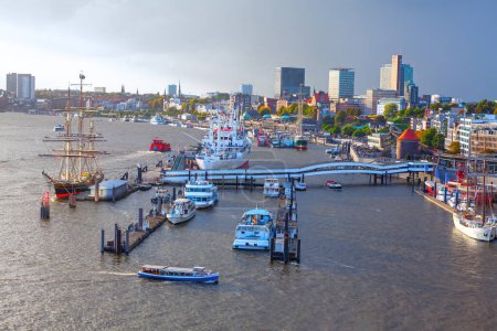 Panoramic view of Elbe riverside in Hamburg, Germany. Boats on the Elbe river in Hamburg 