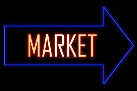 Leuchtende Pfeilzeichen mit Text. Word Market. Navigation auf den Märkten: Ein umfassender Leitfaden für das Konzept des Unternehmenserfolgs.