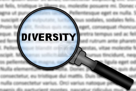 Photo for Diversity word, under a magnifying glass focused in on the term. A visual representation of the beauty found in differences, promoting understanding and unity in life and business. - Royalty Free Image