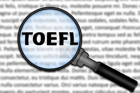 Skupiony na egzaminie TOEFL. Słowo TOEFL pod szkłem powiększającym. Międzynarodowy test z języka angielskiego jako języka obcego. Przygotowanie do standaryzowanego testu z języka angielskiego. E-learning. 