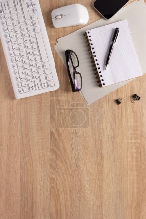 Photo for Manager or student workplace and notebook with stationary supplies at desk table background. Study learning concept idea - Royalty Free Image