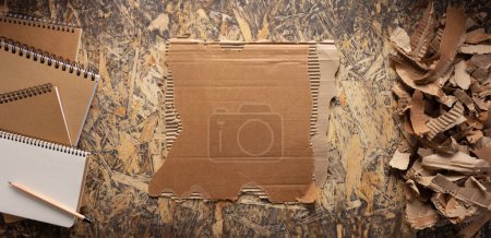 Photo for Cardboard torn edge and brown ripped paper at chipboard plywood background texture. Recycling concept and waste paper - Royalty Free Image