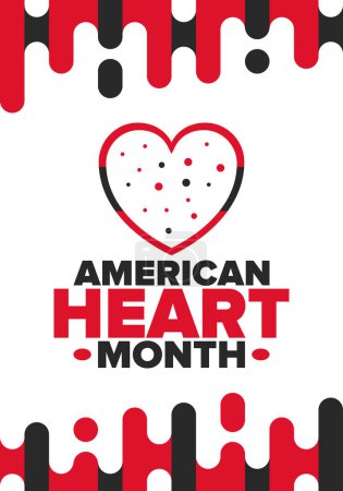 Ilustración de American Heart Month en Estados Unidos. Celebrar anual en febrero. Problema nacional de enfermedades del corazón y de los vasos sanguíneos. Concepto de salud médica. Campaña de apoyo y protección. Cartel vectorial - Imagen libre de derechos