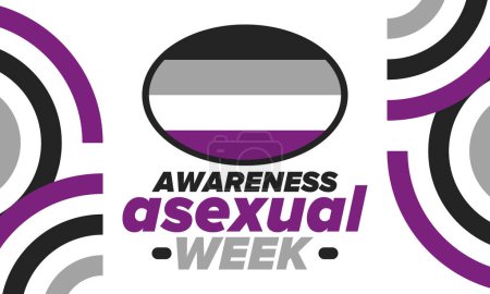 Téléchargez les illustrations : Semaine de sensibilisation à l'asexualité. Campagne internationale pour éduquer les individus sur l'asexualité. Célébré chaque année en octobre. Drapeau couleur asexuée. Affiche, carte, bannière et fond. Illustration vectorielle - en licence libre de droit