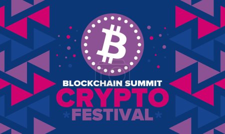 Illustration for Crypto Festival. Blockchain Summit. Digital money and smart online technology. Finance, banking and business illustration. Cryptocurrency mining. Bitcoin logo. Flat design. Vector poster - Royalty Free Image