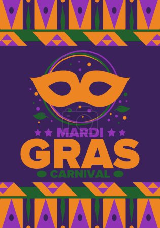 Illustration for Mardi Gras Carnival in New Orleans. Fat Tuesday. Traditional holiday, celebration annual. Folk festival, costume masquerade, fun party. Carnival mask. Poster, card, banner and background. Vector - Royalty Free Image