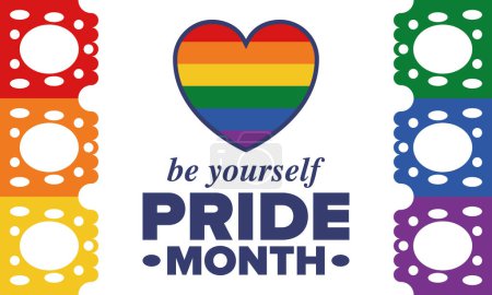 LGBT Pride Month im Juni. Lesben schwul bisexuell transgender. Jährlich gefeiert. LGBT-Flagge. Rainbow Love Konzept. Menschenrechte und Toleranz. Plakat, Karte, Banner und Hintergrund. Vektorillustration