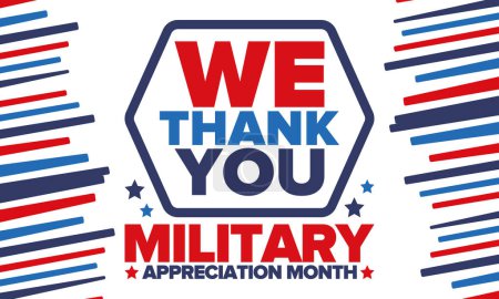 Illustration for National Military Appreciation Month in May. Annual Armed Forces Celebration Month in United States. Patriotic american elements. Poster, card, banner and background. Vector illustration - Royalty Free Image
