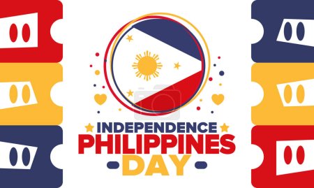 Illustration for Philippines Independence Day. Celebrated annually on June 12 in Philippines. Happy national holiday of freedom. Philippines flag. South-East Asian country. Patriotic design. Vector poster - Royalty Free Image