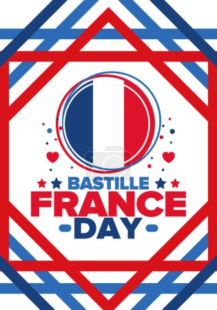 Bastille-Tag in Frankreich. Nationaler fröhlicher Feiertag, der jährlich am 14. Juli gefeiert wird. Französische Flagge. Frankreich Unabhängigkeit und Freiheit. Patriotische Elemente. Festliches Design. Vektor-Plakatillustration