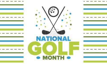 National Golf Month in den Vereinigten Staaten. Jährlich im August gefeiert. Monat, in dem Golfer ihre Erfahrungen teilen. Golf club. Spiele spielen, Training. Plakat, Grußkarte, Banner und Hintergrund. Vektor