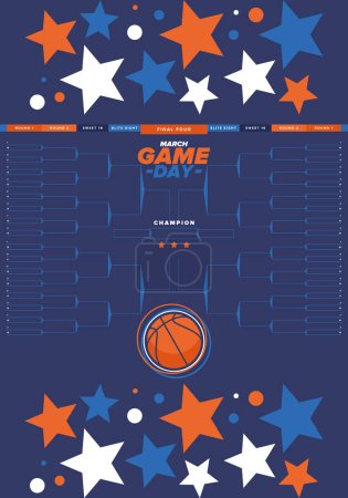 Game Day. Playoff grid, tournament bracket. March basketball playoff. Super sport party in United States. Final games of season tournament. Professional team championship. Ball for basketball. Vector
