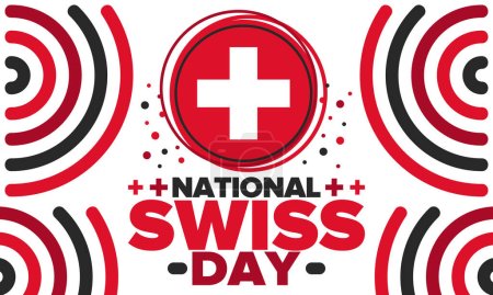 Día Nacional Suizo. Feliz fiesta, celebrada anualmente el 1 de agosto. Bandera de Suiza. Bandera con Cruz. Independencia y libertad suizas. Cartel patriótico. Diseño festivo y desfile. Ilustración vectorial