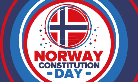 Norway Constitution Day. Happy holiday, celebrated annual in May 17. Norwegian flag. Norway independence and freedom. Patriotic poster. Festive and parade design. Vector illustration