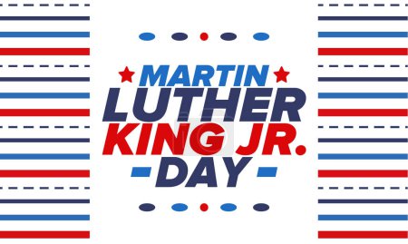 Ilustración de Martin Luther King, Jr. Day. Celebrado anualmente en Estados Unidos en enero, día festivo federal. Luchador de los derechos afroamericanos. Elementos patrióticos americanos. Cartel, tarjeta, estandarte, fondo. Vector - Imagen libre de derechos