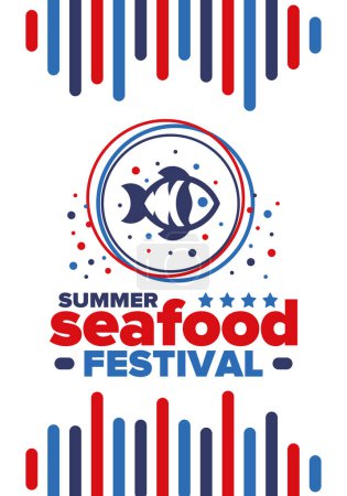 Illustration for Seafood Summer Festival. Fish and Chips party. Family holiday event, happy celebration. Ocean and sea food. Healthy eating, outdoor barbecue. Vacation with delicious snack. Vector illustration - Royalty Free Image