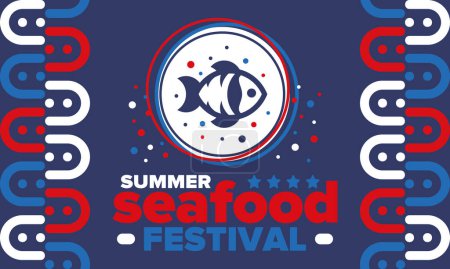 Illustration for Seafood Summer Festival. Fish and Chips party. Family holiday event, happy celebration. Ocean and sea food. Healthy eating, outdoor barbecue. Vacation with delicious snack. Vector illustration - Royalty Free Image