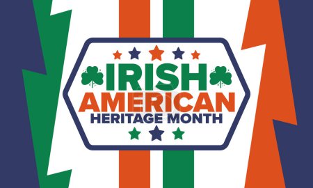 Irish American Heritage Month. Annual celebrated all March in the United States. Honor achievements and contributions of Ireland immigrants to the history of America. Flags design. Vector poster