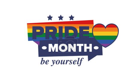 Mes del Orgullo LGBT en junio. Lesbianas Gay Bisexuales Transgénero. Celebrado anual. Bandera LGBT. Concepto de amor del arco iris. Derechos humanos y tolerancia. Cartel, tarjeta, banner y fondo. Ilustración vectorial