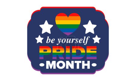 Mes del Orgullo LGBT en junio. Lesbianas Gay Bisexuales Transgénero. Celebrado anual. Bandera LGBT. Concepto de amor del arco iris. Derechos humanos y tolerancia. Cartel, tarjeta, banner y fondo. Ilustración vectorial