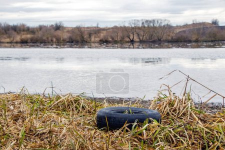 Photo for Old car tire on the river bank, environmental pollution - Royalty Free Image